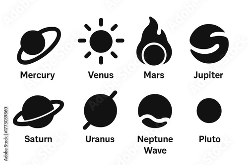 Planetary Influence Icons. Solid style icons of planetary influences: Mercury Orbit, Venus Glow, Mars Flame, Jupiter Swirl, Saturn