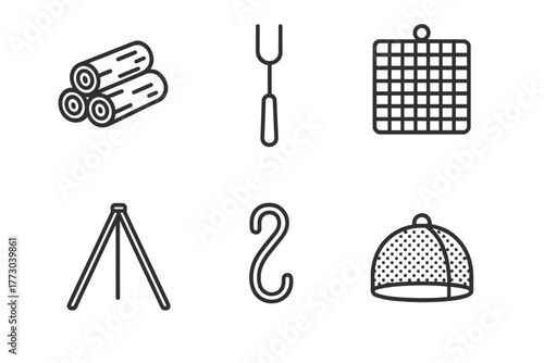 Glamping Accessories Icons. Line style icons of Glamping Campfire Accessories: firewood stack, roasting stick, grill grate,