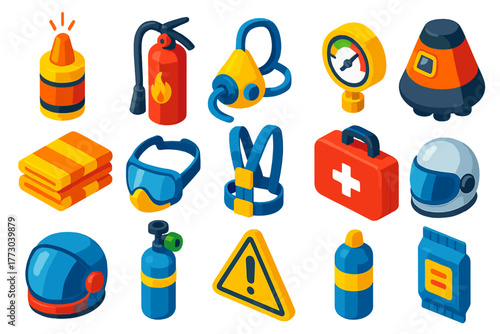 Space Safety Icons. Isometric vector illustration set Space Safety Icons: emergency beacon, space fire extinguisher, oxygen mask,