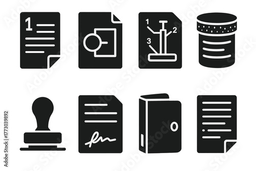Patent Icons Set. Solid style icons of patent documentation: Numbered Sheet, Diagram Page, Labeled Parts, Cross-Section View,