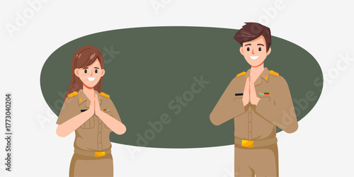 Thai teacher in uniform greeting thai wai pose. Young government with job character.