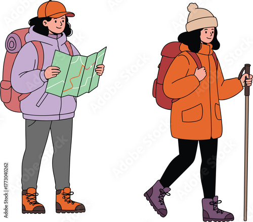 Two hikers exploring nature with backpacks, map, and trekking gear, outdoor adventure travel, hiking couple in winter clothing illustration.