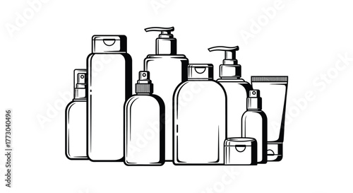 A collection of assorted bottles and containers for toiletries and cosmetics.