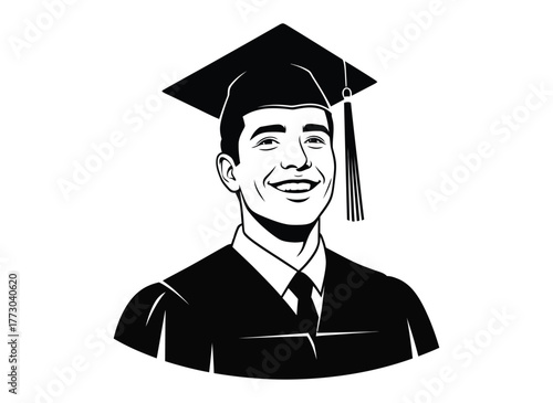 A smiling graduate in a cap and gown celebrates their educational achievement.