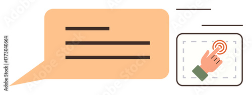 Chat bubble with text lines and a hand using a touchscreen. Ideal for user interface, messaging, online interaction, technology, communication, app design, customer engagement. Simple flat metaphor