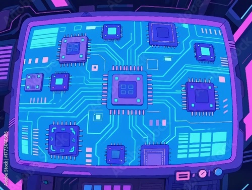 Futuristic digital interface animation with glowing circuit board background