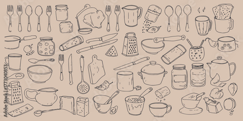 kitchen,cooking,doodle home utensil equipment set hand drawn vector tools collection pot knife fork spoon design flat outline style