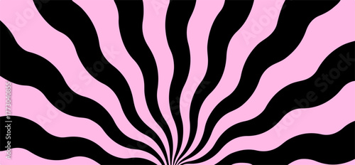  vector illustration features a psychedelic op-art style with wavy black and pink stripes radiating from a central point. The abstract theme highlights bold, curvy shapes and high contrast colors.