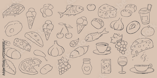 A sketch style illustration featuring various food items on a light background in a simple design