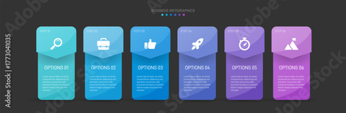 Progress bar featuring 6 arrow-shaped elements, symbolizing the six stages of business strategy and progression. Clean timeline infographic design template. Vector for mobile presentation.