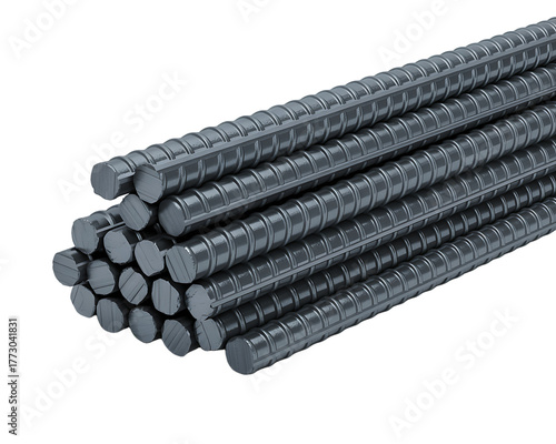 Pile of steel rebar rods for construction and reinforcement