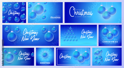 Christmas and New Year sport banner set. Merry Christmas futuristic neon greeting card collection with xmas ball as a bauble. Vector illustration collection
