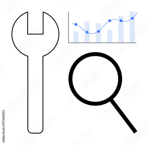 Wrench, magnifying glass, and upward-trending chart. Ideal for analytics, problem-solving, strategy, research, growth, optimization technical support as a simple flat metaphor
