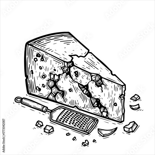 Hand-drawn black and white sketch of a cheese wedge with a grater and crumbles.
