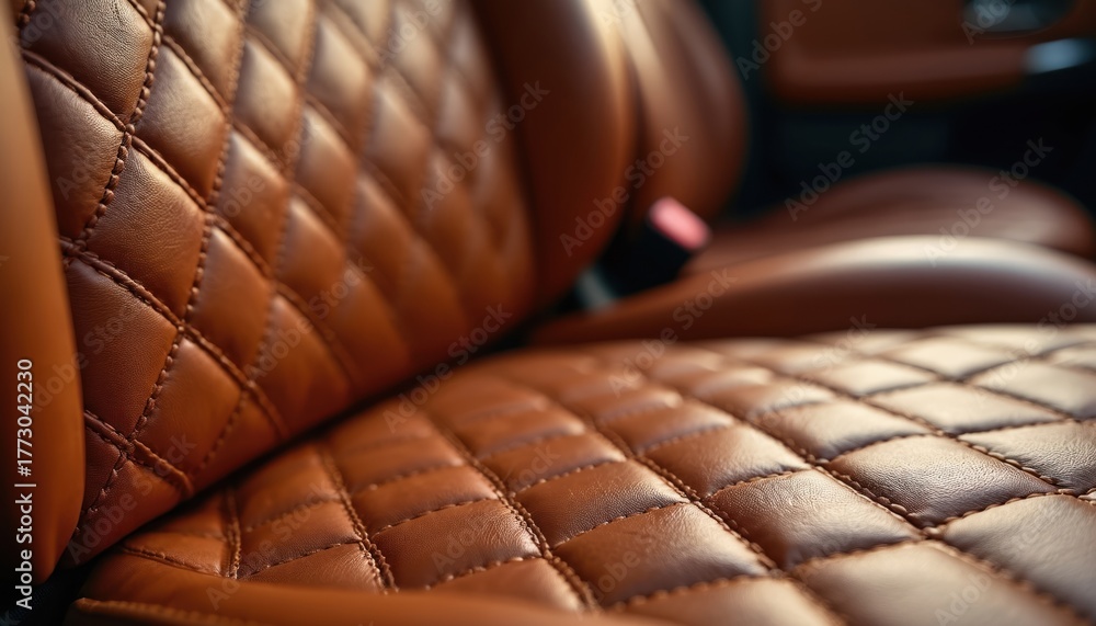 Obraz premium Close up photo of luxury car interior. Brown leather with diamond pattern stitching. Automotive design with detailed texture. Elegant car upholstery for comfortable ride.