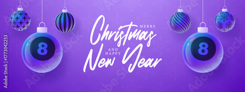 billiard Christmas and New Year sport banner. Merry Christmas tech greeting card with xmas ball as a bauble on purple neon background. Vector illustration