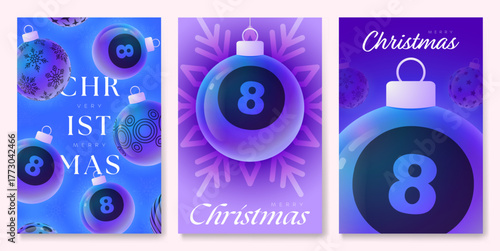 billiard Christmas and New Year sport banner. Merry Christmas tech greeting card with xmas ball as a bauble on purple neon background. Vector illustration