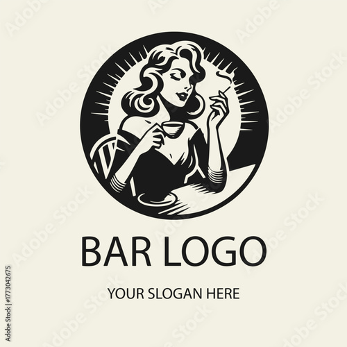 Black and white flat vector logo of a beautiful girl drinking coffee at a table, minimalist elegant outline design perfect for cafes, restaurants, branding, coffee shops and packaging.