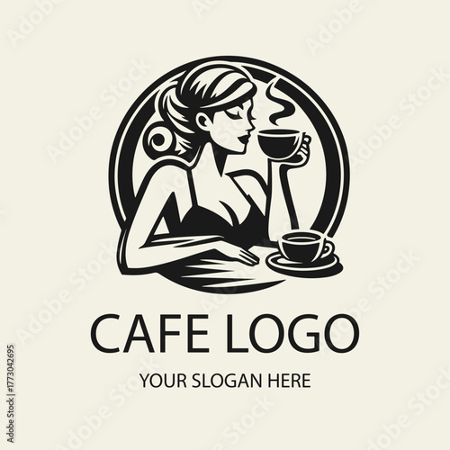Black and white flat vector logo of a beautiful girl drinking coffee at a table, minimalist elegant outline design perfect for cafes, restaurants, branding, coffee shops and packaging.