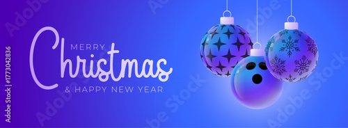 bowling Christmas and New Year sport banner. Merry Christmas tech greeting card with xmas ball as a bauble on purple neon background. Vector illustration