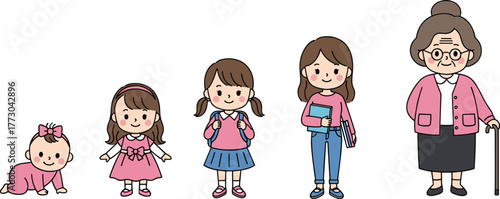 female, life, stages, cartoon, illustration, vector, design, lifestyle, childhood, adulthood, aging, growth, concept, education, health, timeline, development, generational, journey, woman, evolution