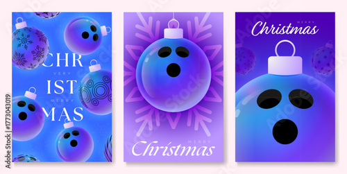 bowling Christmas and New Year sport banner. Merry Christmas tech greeting card with xmas ball as a bauble on purple neon background. Vector illustration