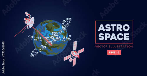 Earth and satellites vector illustration in colorful minimalist space style