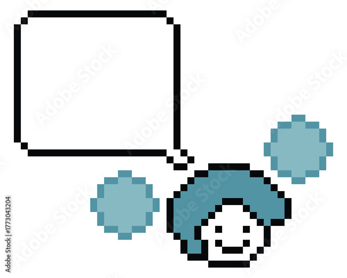 Cartoon pixel cute background man face with chat box blank decoration 8 bit male boy say speak discuss chat box cartoon character pixel 8bit vector.