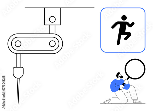 Industrial robotic arm with a needle mechanism in action, human examining with magnifying glass, and running figure. Ideal for technology, mechanics, robotics, innovation, processes, AI