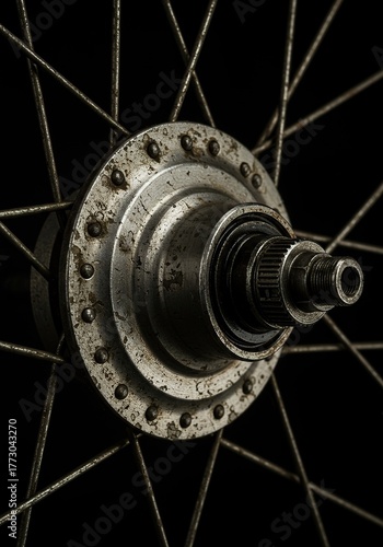 Wallpaper Mural A close-up of an aged metal bicycle wheel hub, showcasing intricate mechanical design and weathered texture, evoking nostalgic charm and industrial heritage ,old ,machine ,industrial Torontodigital.ca