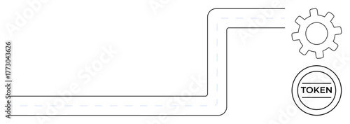Dashed L-shaped pathway connecting gear and token, representing movement, mechanism, and processes. Ideal for teamwork, operations, blockchain, automation, networking technology system dynamics