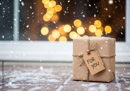 Brown gift box with tag 'For You' on snowy surface indoors  