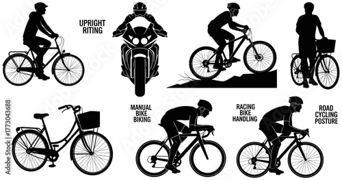 Biking posture silhouettes, black vector illustrations of cycling and motorcycle styles including upright, racing, manual, and road positions