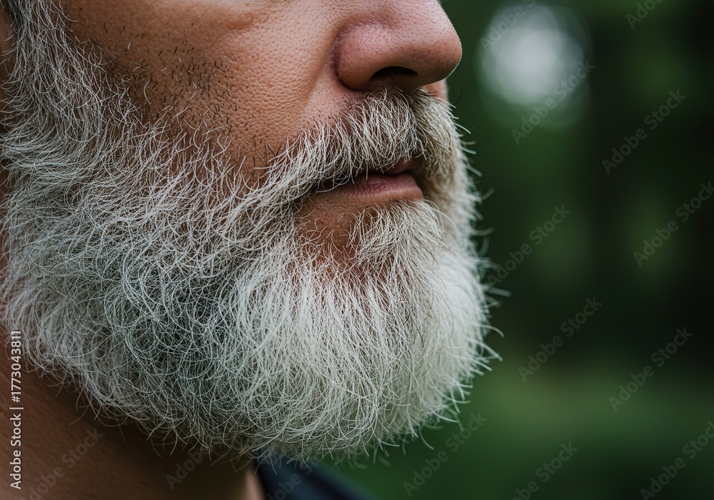 custom made wallpaper toronto digitalA close-up portrait highlighting the textured contrast of a prominent white and graying beard set against a soft natural background outside ,expression ,aging process ,whiskers