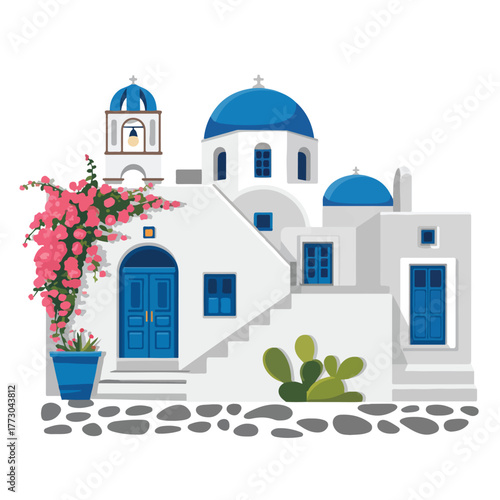 White and blue Greek Orthodox church architecture with a dome and cross in Oia village, Santorini, Greece, a famous travel landmark under a summer sky
