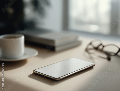 Wallpaper Mural Morning routine with coffee and smartphone on a desk. mock up design Torontodigital.ca