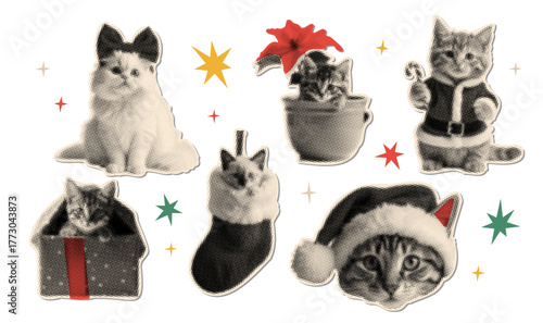 Vintage Christmas and New year halftone collage paper cut out stickers set. Funny cutouts with cats playing with candy cane, poinsettia, stocking, gift box. Retro vector illustration isolated