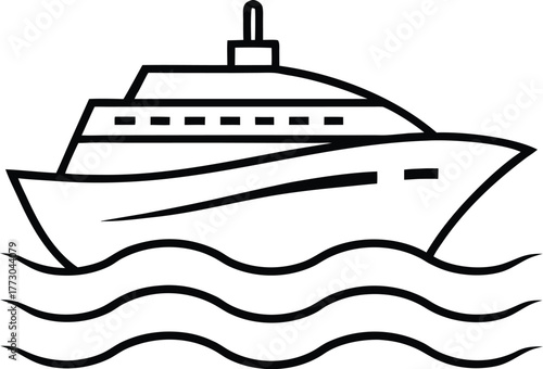 Luxury Cruise Ship Sailing Peacefully In Mediterranean Sea Line Art Vector illustration