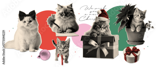 Halftone collage cats celebrating Christmas set. Funny kitty character in trendy dotted pop art style. Kitty writing letter to Santa, sinning on gift box or in poinsettia pot. Vector paper mixed media