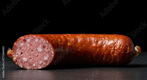 A close-up shot of a richly browned, flavorful smoked sausage, perfect for hearty meals and traditional cuisine. Appetizing ,cooked meat ,BBQ ,market