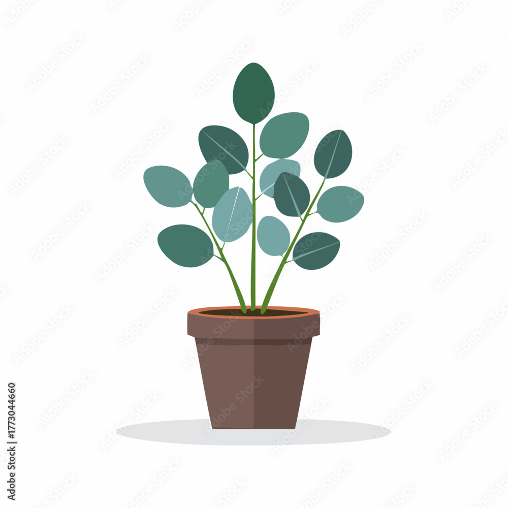 Obraz premium A modern flat design vector illustration of a decorative potted houseplant with round green leaves, isolated on a white background for home decor concepts