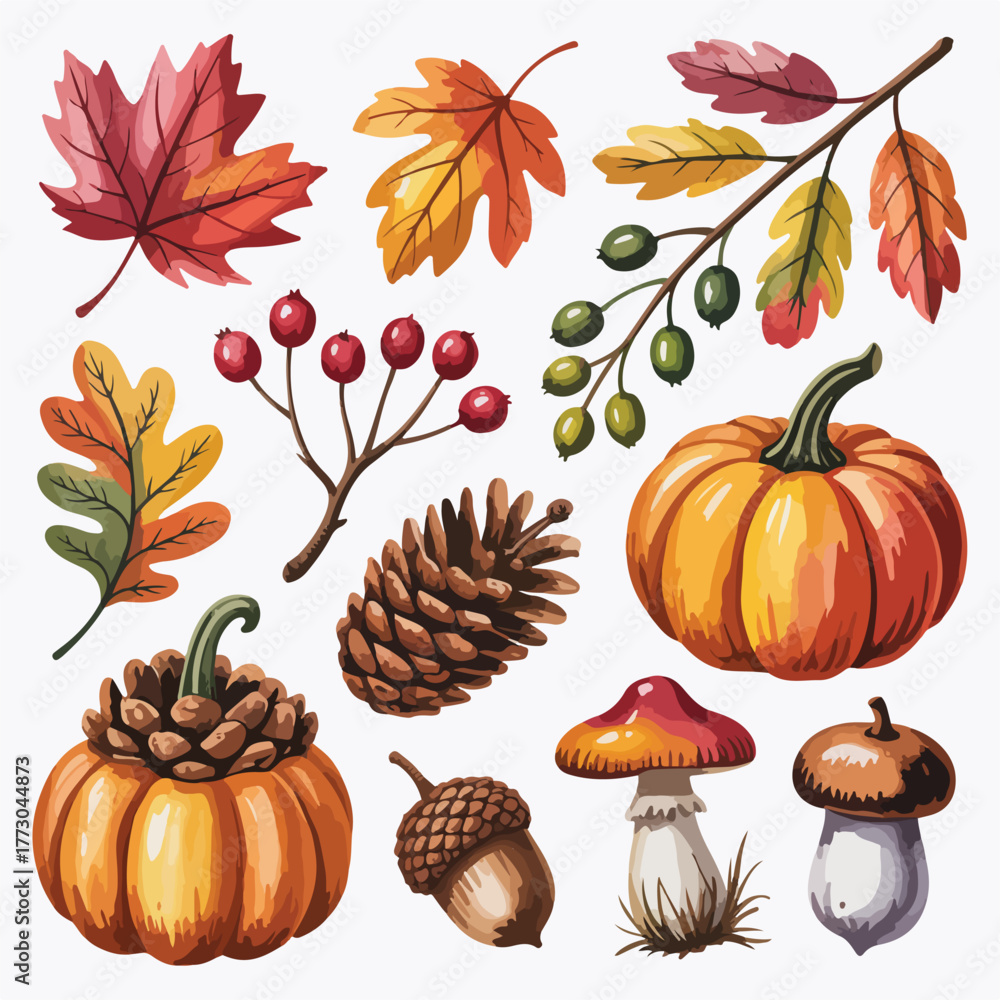 An autumnal seamless background pattern with pumpkins, fall leaves, and harvest gourds for Thanksgiving and Halloween decoration design
