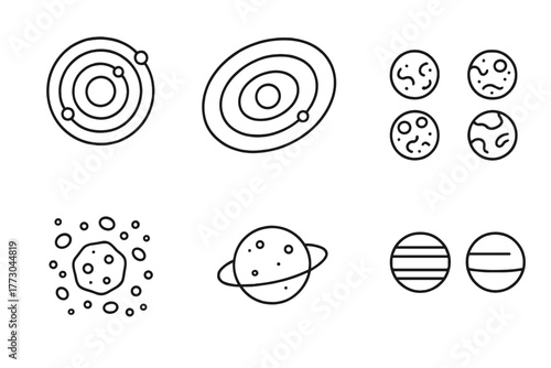 Space Exploration Icons. Line style icons of space exploration: solar system model, planetary orbits, inner planets, outer planets
