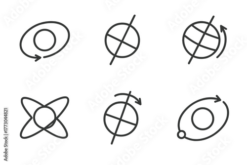 Exoplanet Orbit Icons. Line style icons of exoplanets: polar orbit, inclined axis, axial tilt icon, oblique orbit, precession