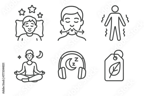 Sleep Therapy Icons. Line style icons of sleep therapy: relaxation techniques, breathing exercise icon, muscle relaxation figure,