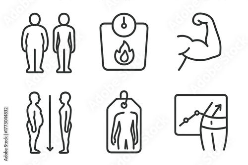 Intermittent Fasting Icons. Line style icons of intermittent fasting: body transformation, fat loss scale, lean muscle icon,