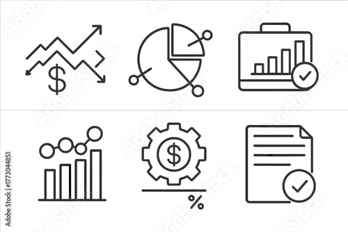 Hedge Fund Icons. Line style icons of hedge funds: long/short strategy, fund allocation pie, portfolio diversification, leverage