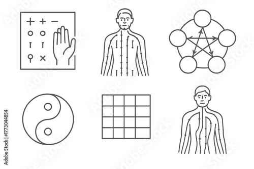 Acupuncture Icon Set. Line style icons of acupuncture: acupuncture chart elements, meridian body map, five element wheel icon, yin