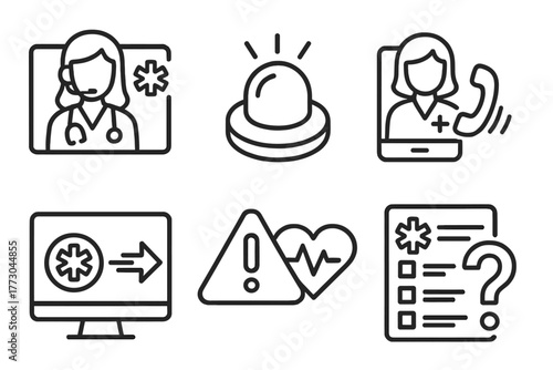 Telemedicine Line Icons. Line style icons of telemedicine: emergency tele-triage, red alert button, emergency consult call, fast