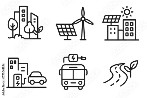 Renewable Energy Icons. Line style icons of renewable energy: green cityscape, wind-solar hybrid system, urban solar array, city
